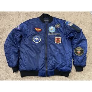 BLEECKER & MERCER Military Air Crew Patches Bomber Jacket Men's XL Blue Quilted